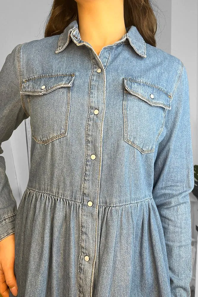 100% Cotton Blue Denim Babydoll Shirt Dress