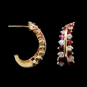 14K Yellow Gold Estate Diamond and Ruby Half Hoop Earrings