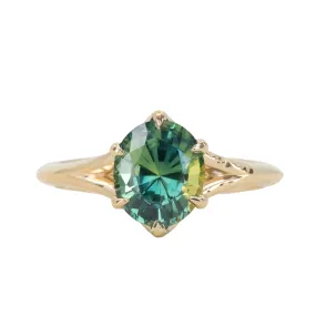 2.40ct Oval Teal Green Parti Sapphire Evergreen Carved Split Shank Six Prong Ring in 14k Yellow Gold