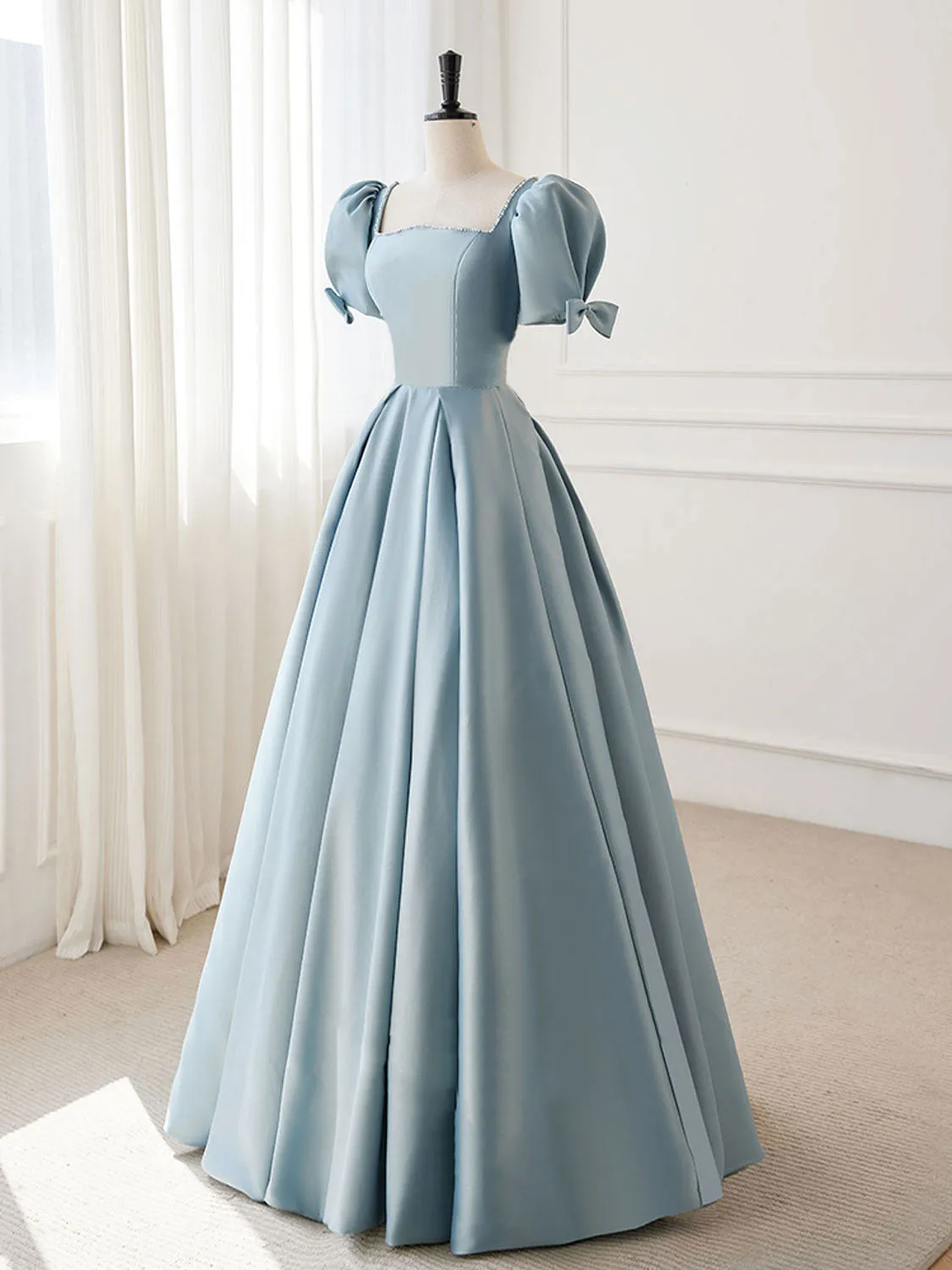 A-Line Blue Satin Puffy Sleeve Long Prom Dress, Blue Formal Dresses