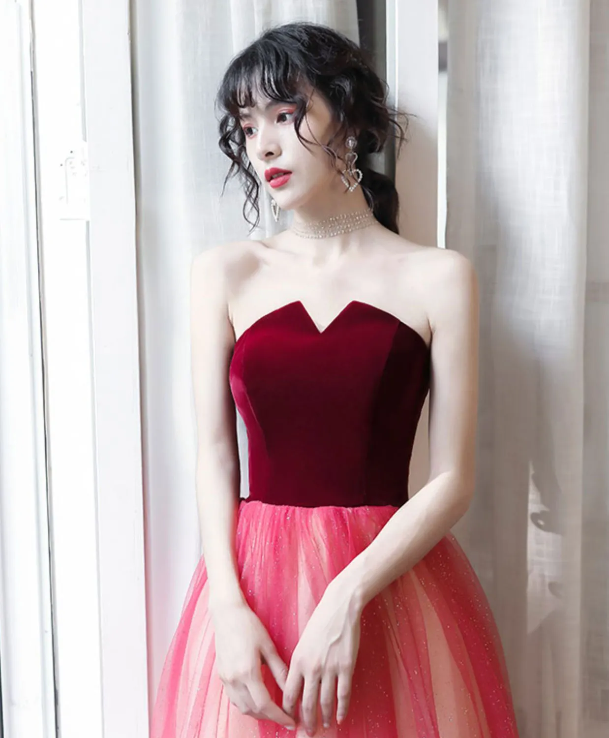 A-Line Tulle Burgundy Long Prom Dresses, Burgundy Formal Party Dress