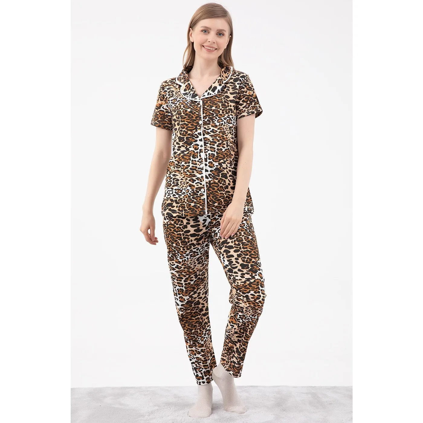 Animal Print Short Cuffed Pajamas Set