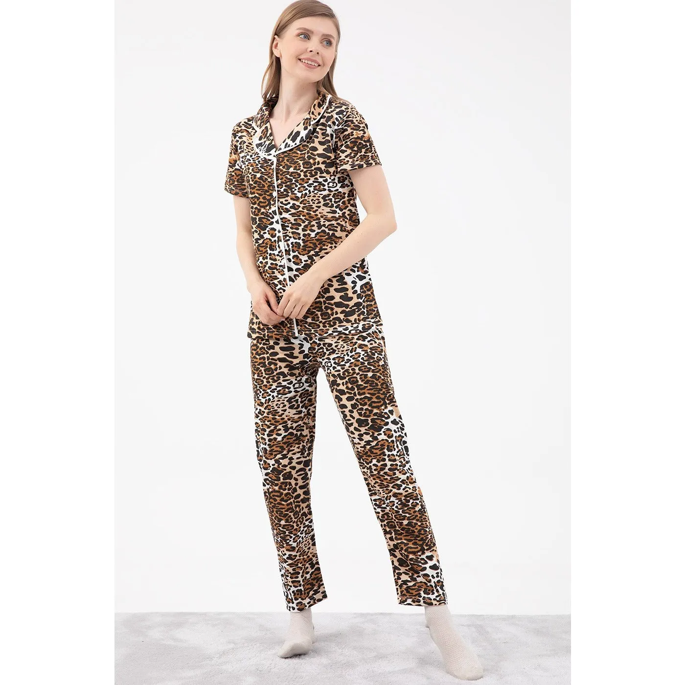 Animal Print Short Cuffed Pajamas Set