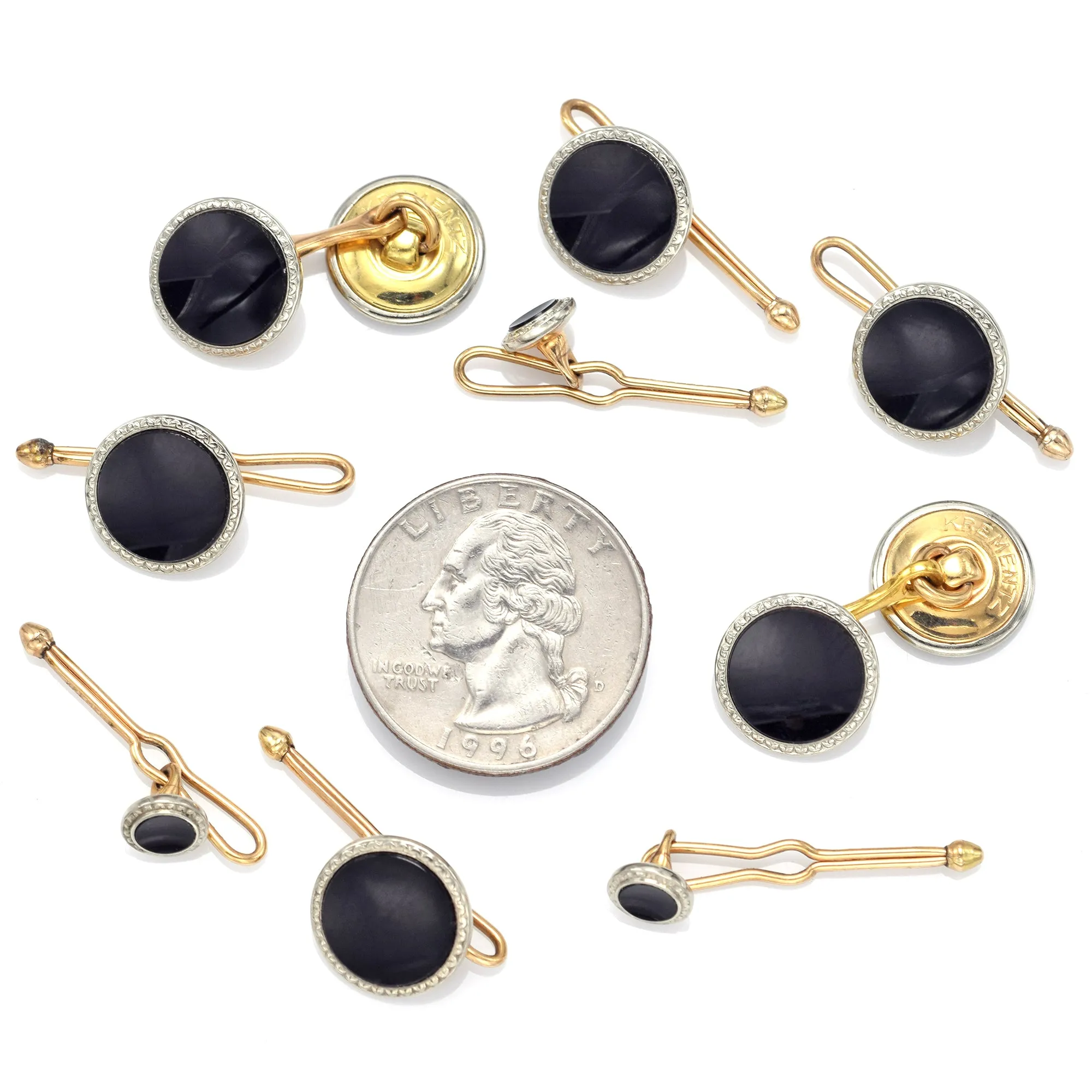 Antique Krementz Platinum & Gold Filled Onyx Cufflinks & Shirt Studs Set 12.1 Gr