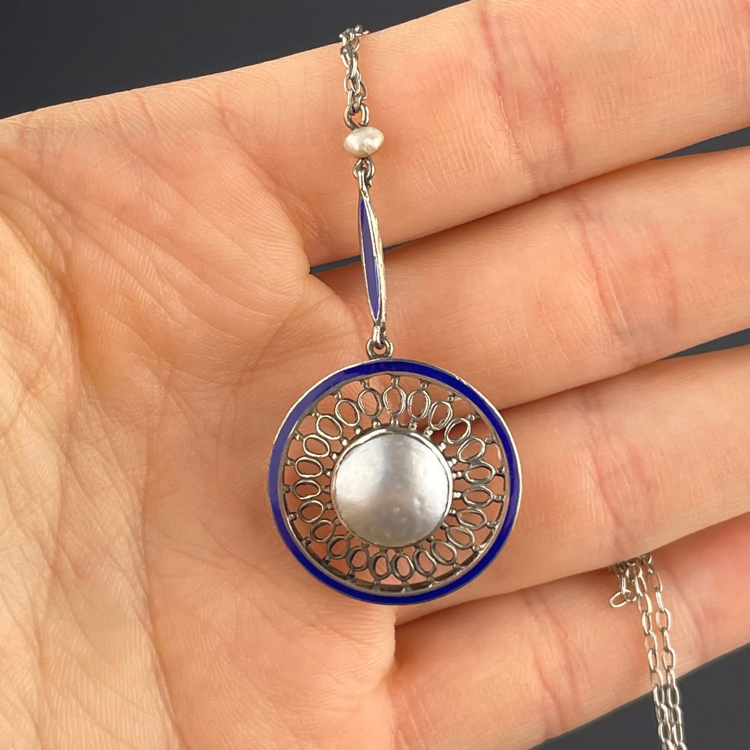 Art Deco Silver Blister Blue Enamel Baroque Pearl Pendant Necklace