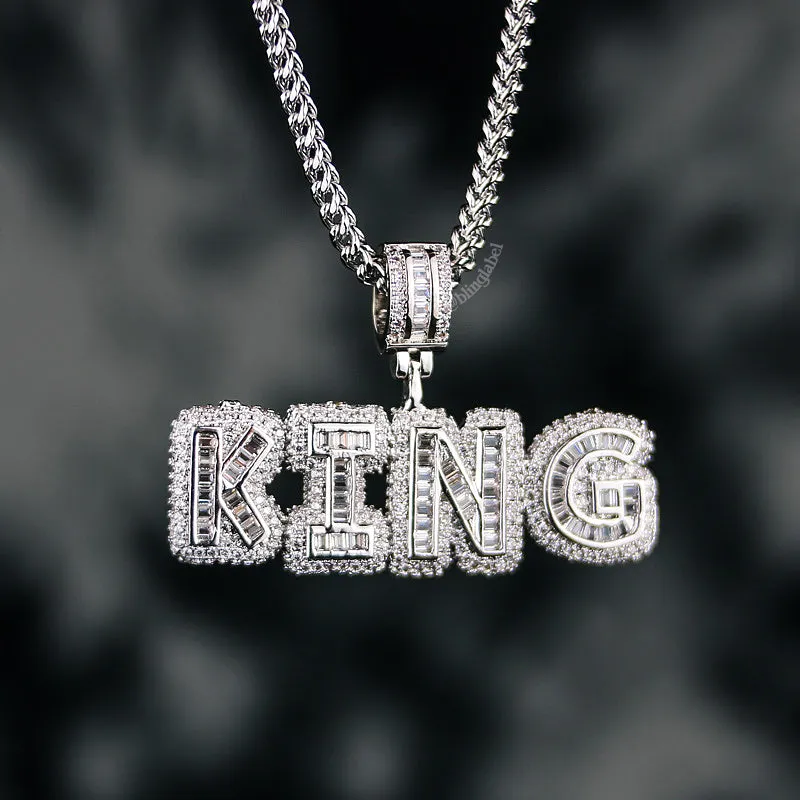 Baguette Block Custom Name Letter Rapper Necklace in White Gold