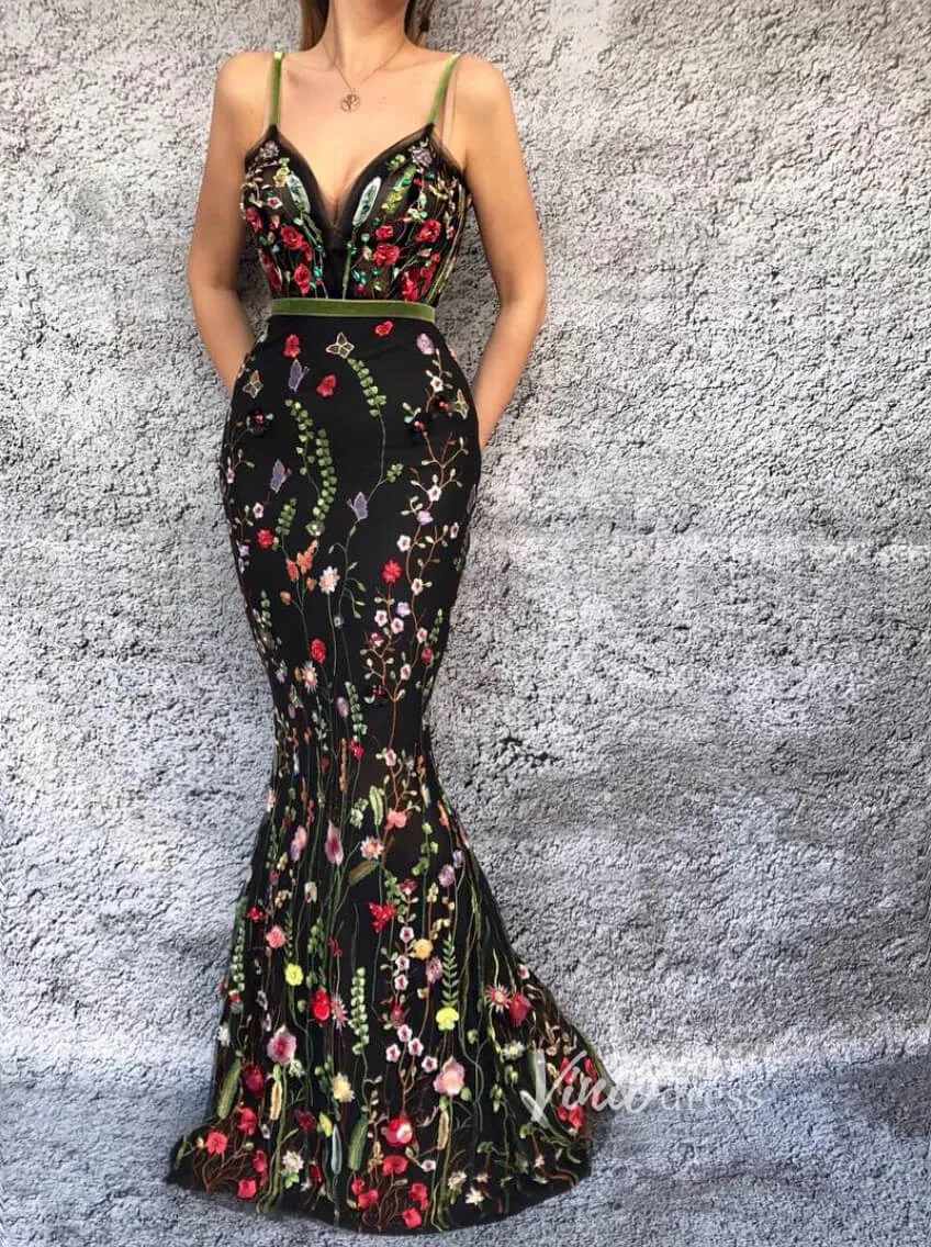 Black Floral Mermaid Prom Dress V-neck Spaghetti Strap Formal Dress FD2783