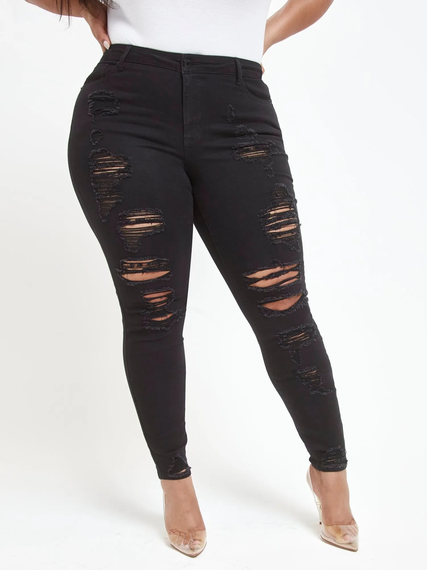 Black Mid-Rise All Over Destructed Skinny Jeans - Tall Inseam