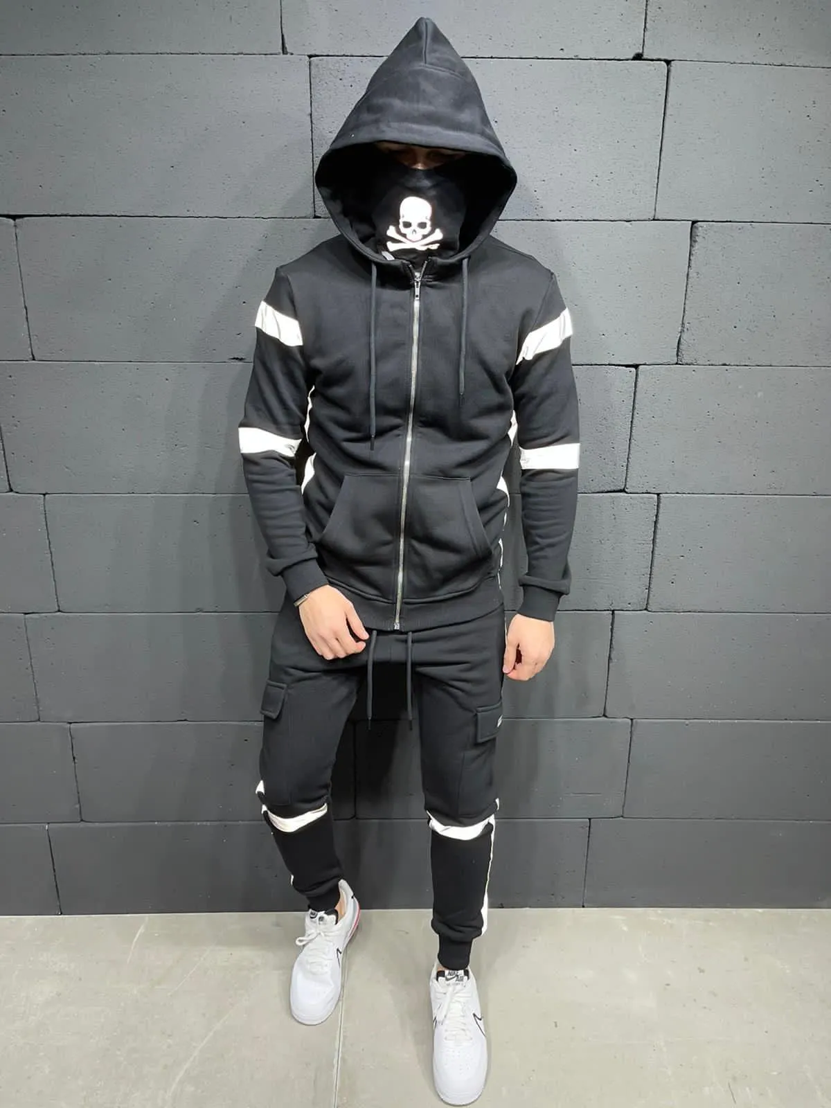 Black Reflective Stripes Cargo Tracksuit