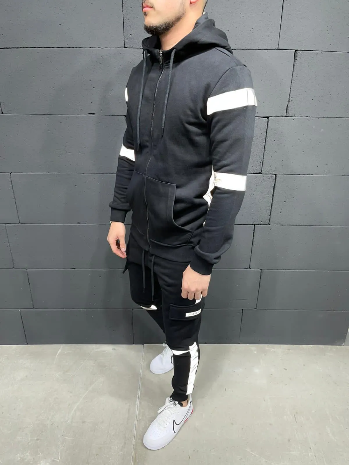 Black Reflective Stripes Cargo Tracksuit