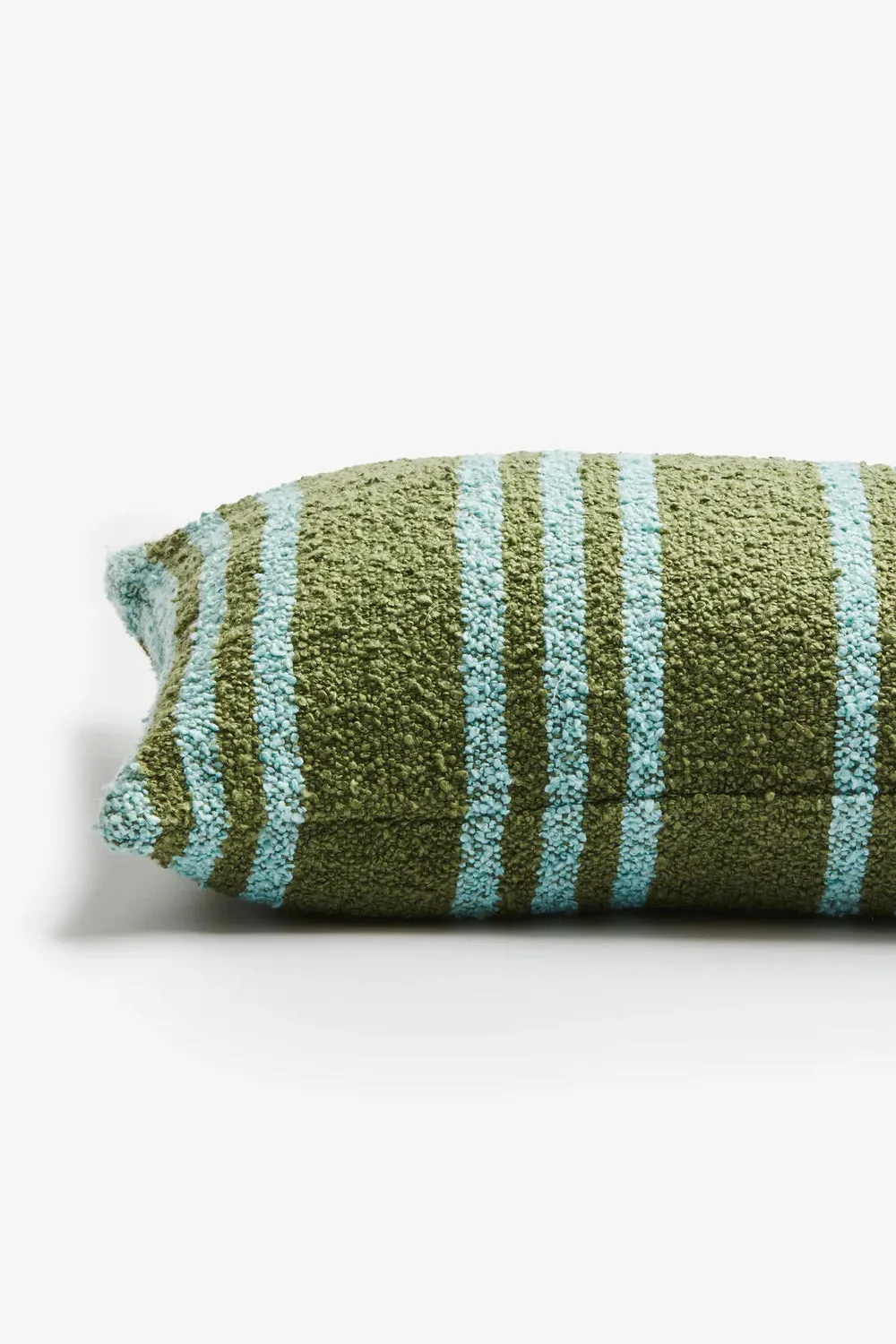 BONNIE AND NEIL BOUCLE CUSHION THIN STRIPE KHAKI BLUE 60CM X 40CM