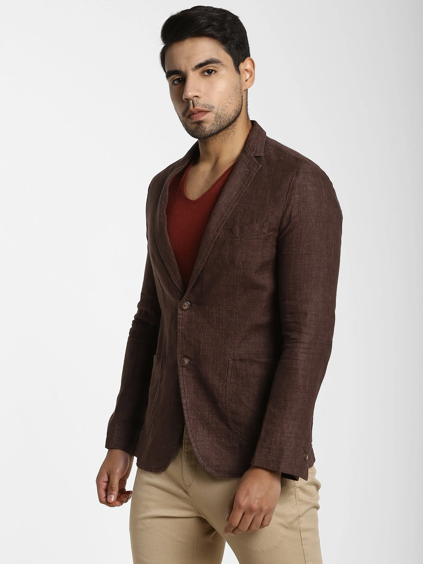 Brown Jacquard Linen Blazer