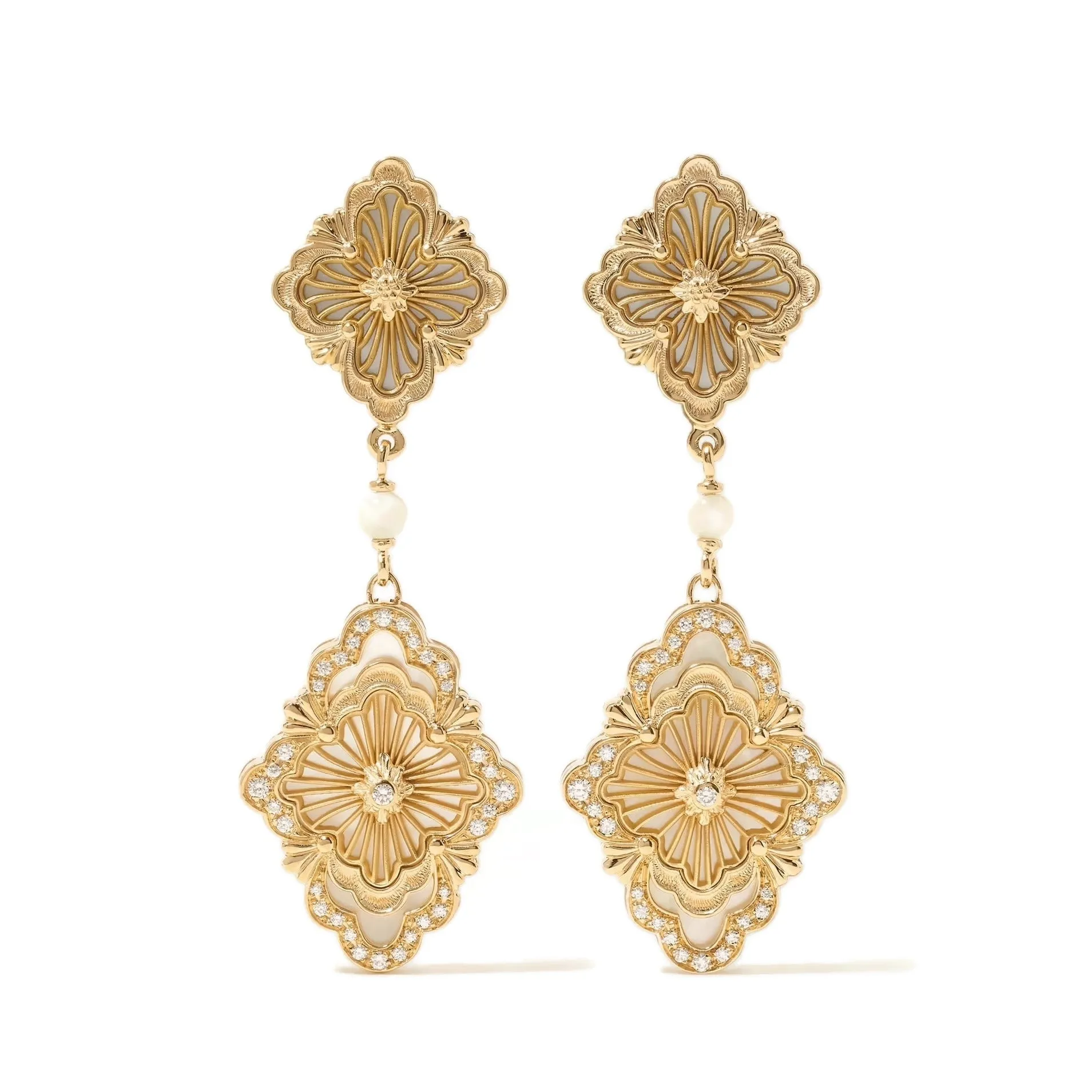 Buccellati - Opera Tulle - Pendant Earrings with Diamonds and Mother of Pearl, 18k Yellow Gold