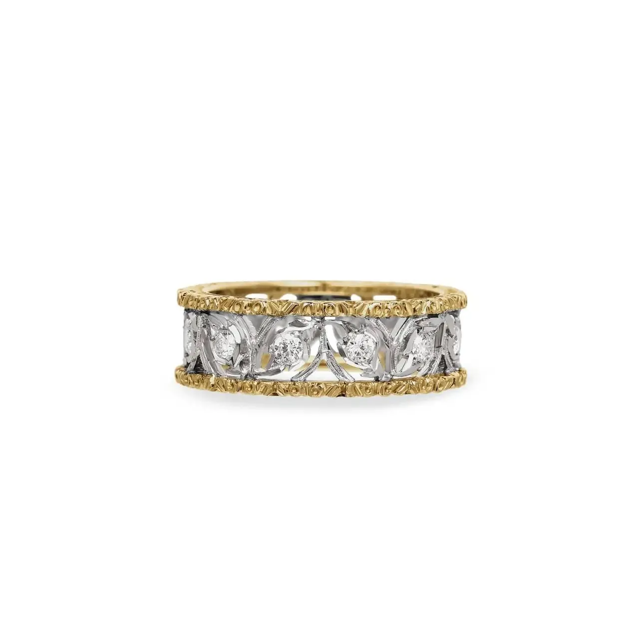 Buccellati - Ramage - Eternelle thin Band Ring with Diamonds, 18k White and Yellow Gold