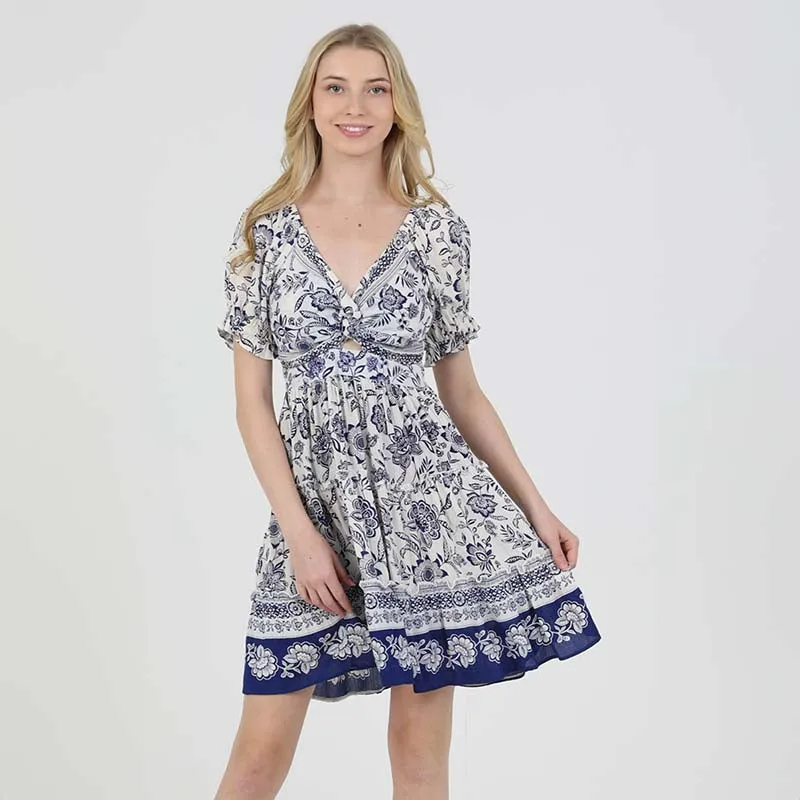 Cinched Sleeve Keyhole Blue Floral Mini Dress