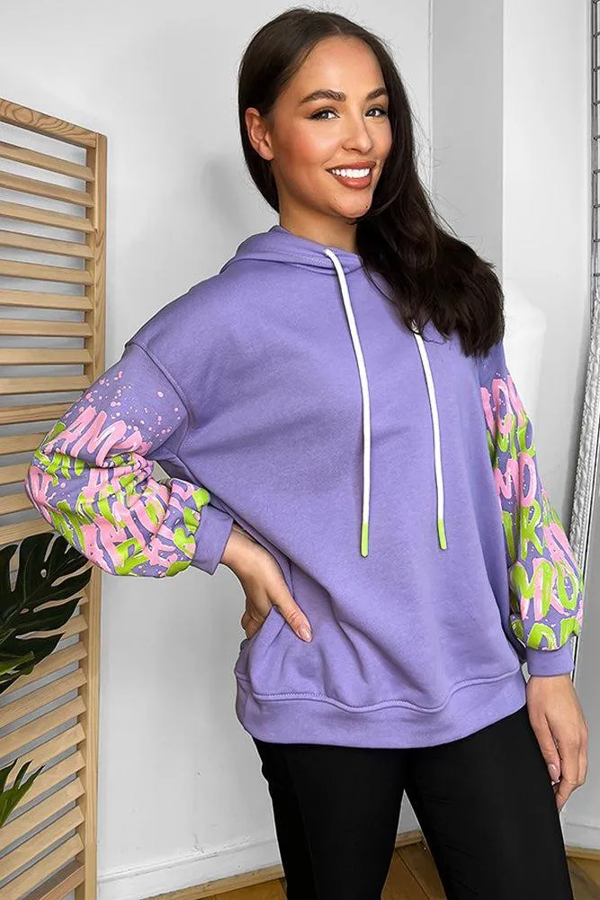 Cotton Blend Multi-slogan Sleeves Colourful Hoodie