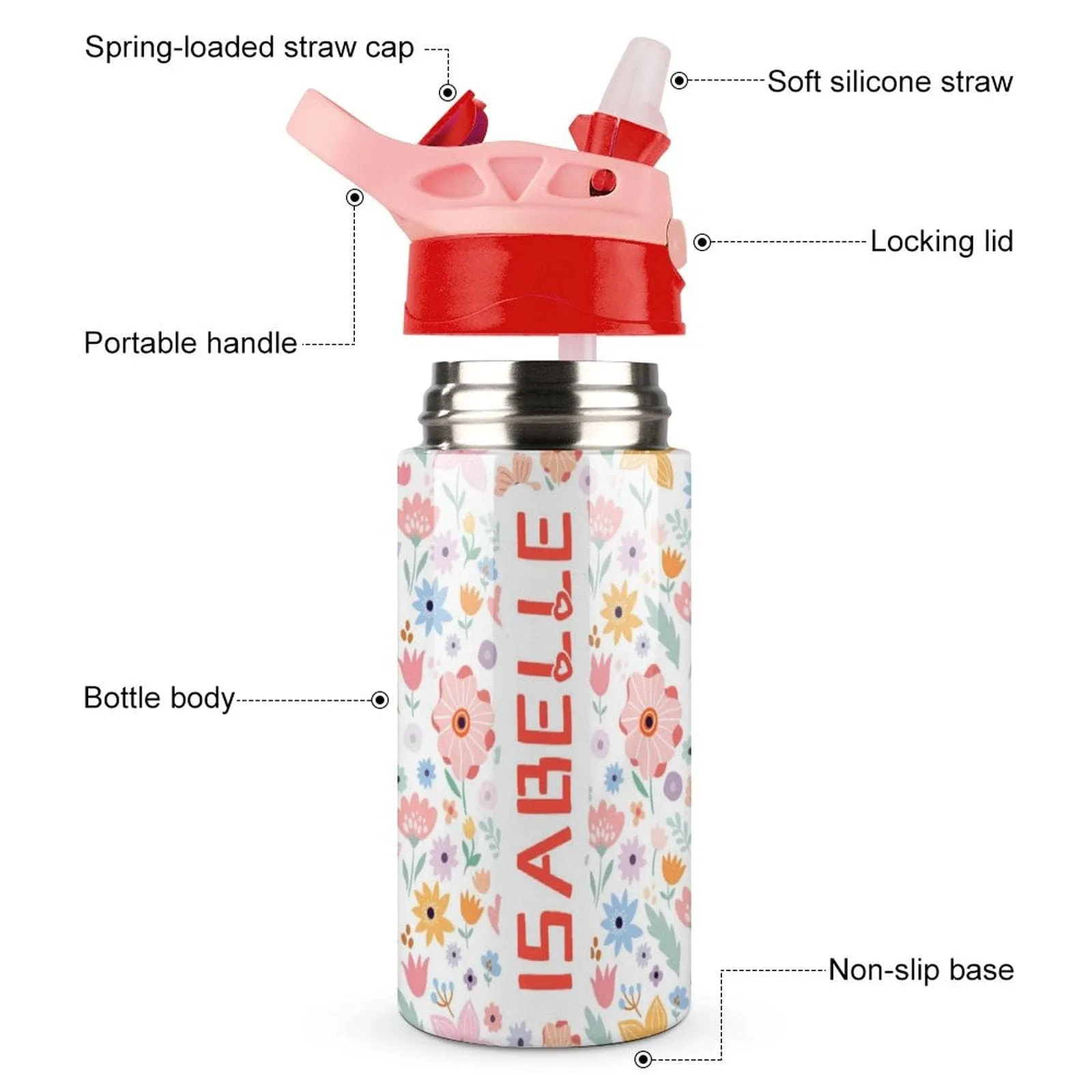 Custom Name Flowers Kids Water Bottle 12OZ Stainless Steel Personalized Drink Cup