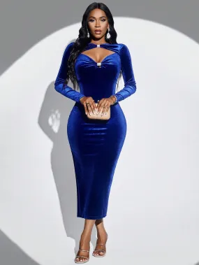 Cut Out Split Thigh Velvet Bodycon Maxi Evening Dress