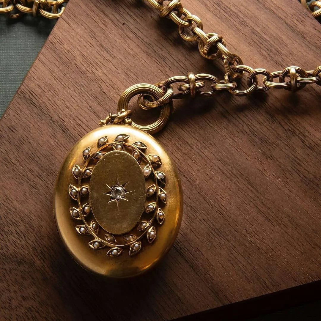 Diamond and Seed Pearl Gold Locket Necklace