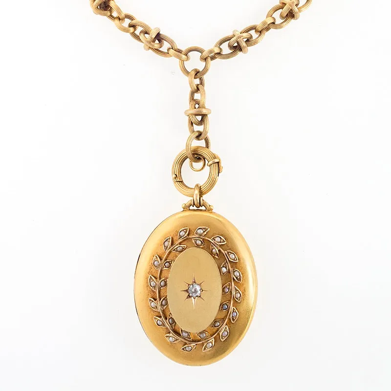 Diamond and Seed Pearl Gold Locket Necklace