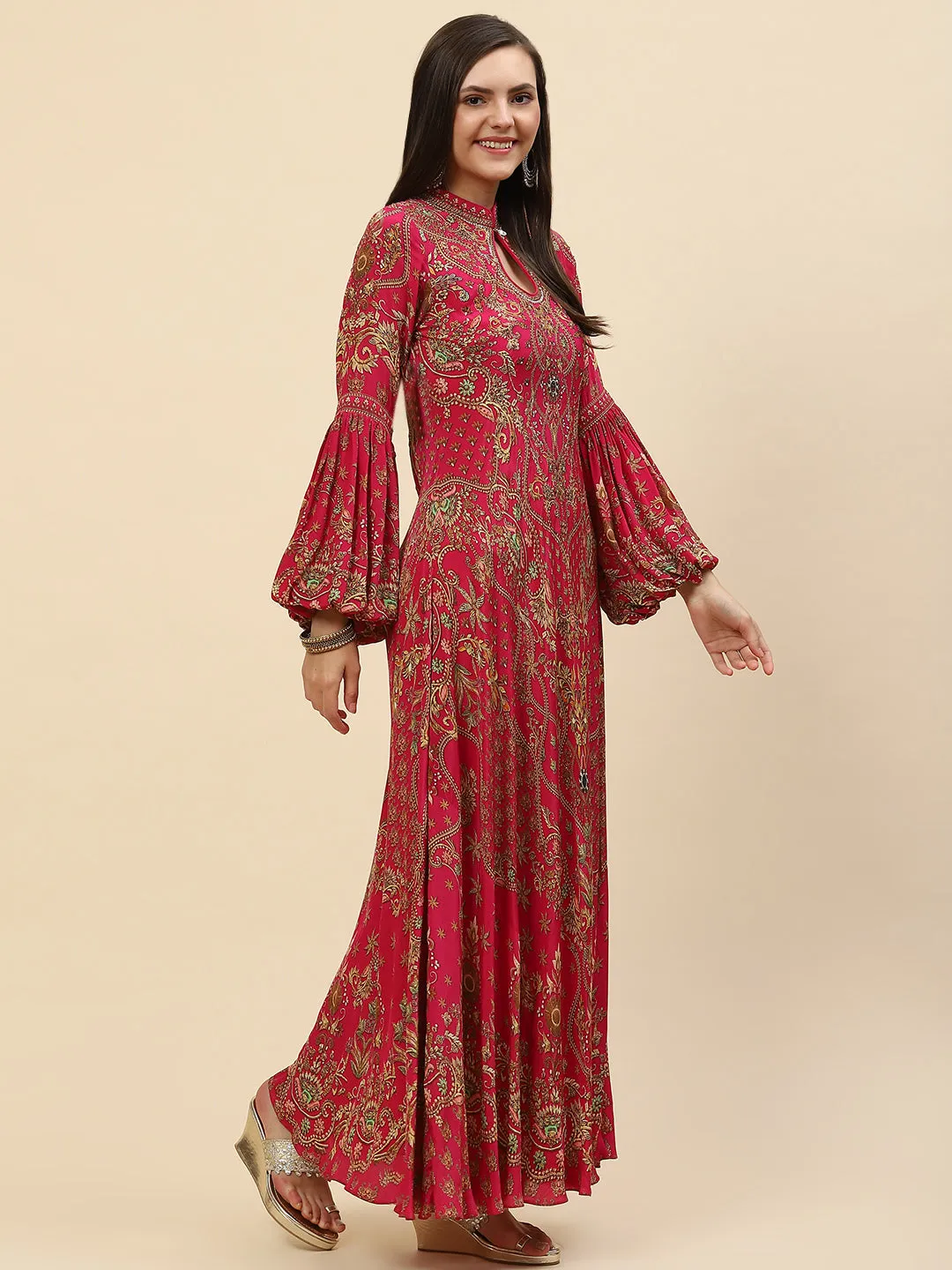 Digital Floral Printed Crepe Gown Dress