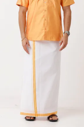 Divine - Golden Yellow Cotton Blend Single Dhoti With Fancy Borders For Men | Uathayam