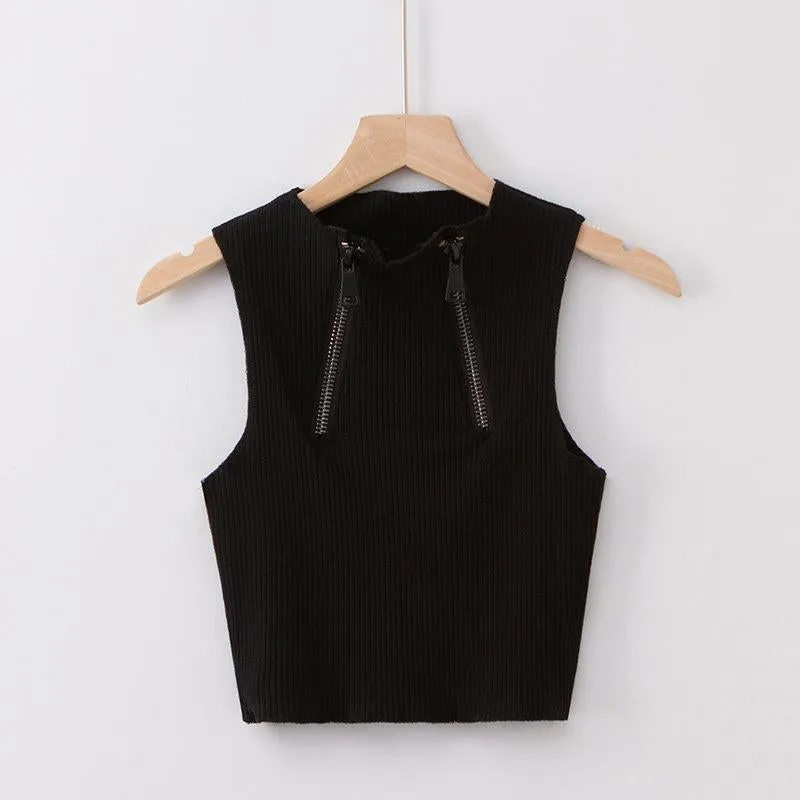 Double Zippers Slim Fit Knitted Tank Tops