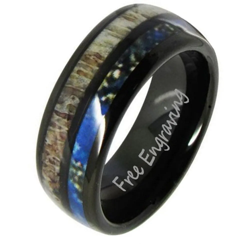 Engraved Men's Deer Antler and Tungsten Ring - Engraved Handwriting Antler Ring For Men