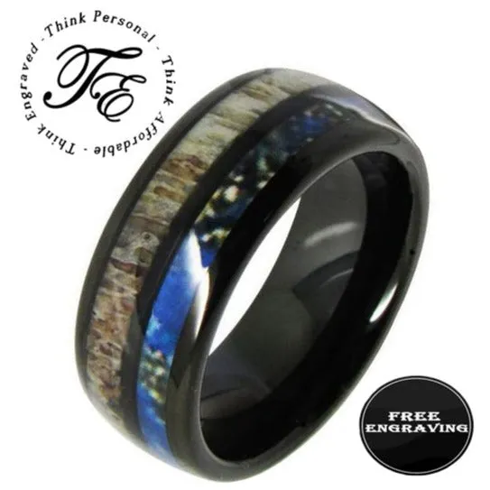 Engraved Men's Deer Antler and Tungsten Ring - Engraved Handwriting Antler Ring For Men