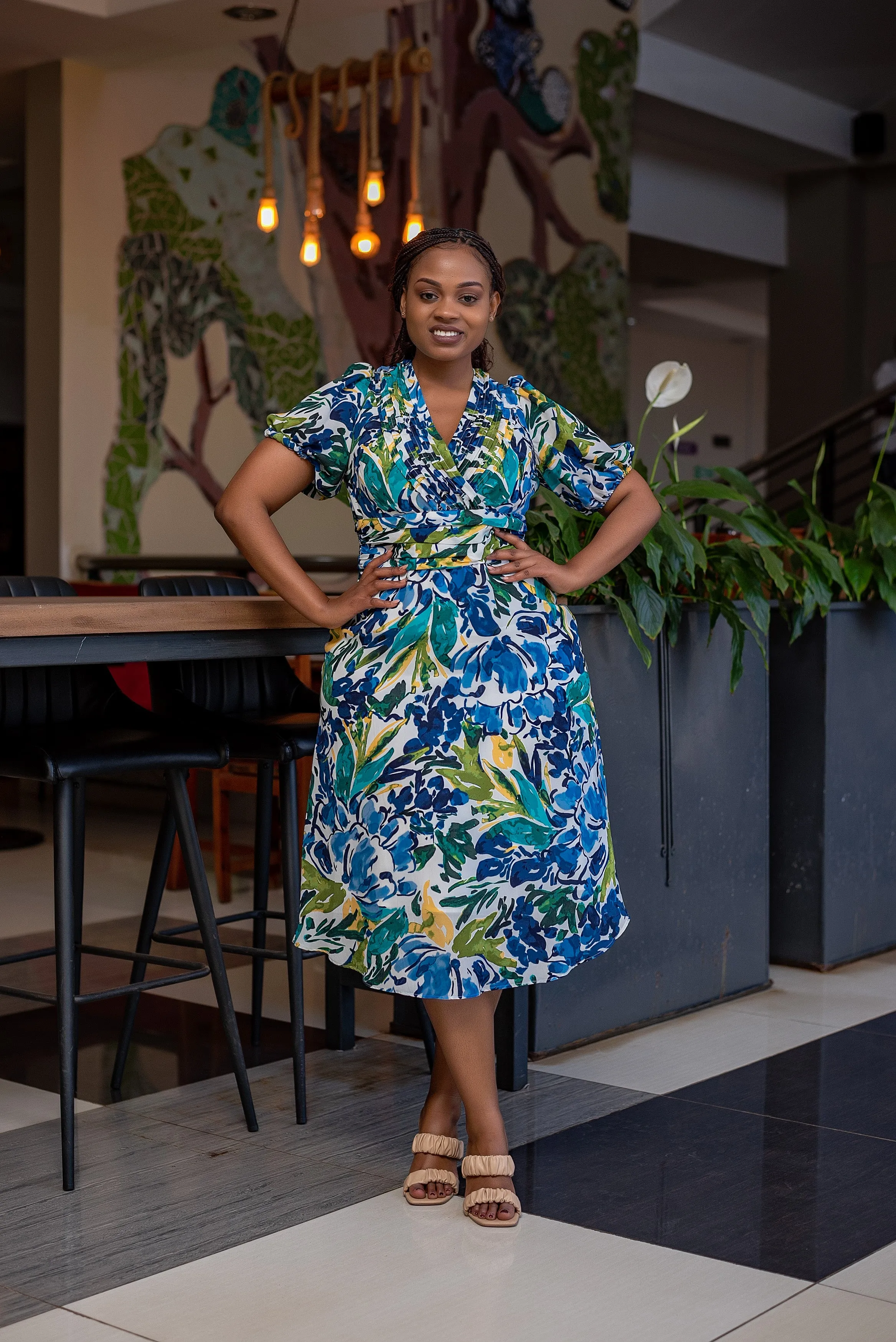 Green floral vneck chiffon Aline dress