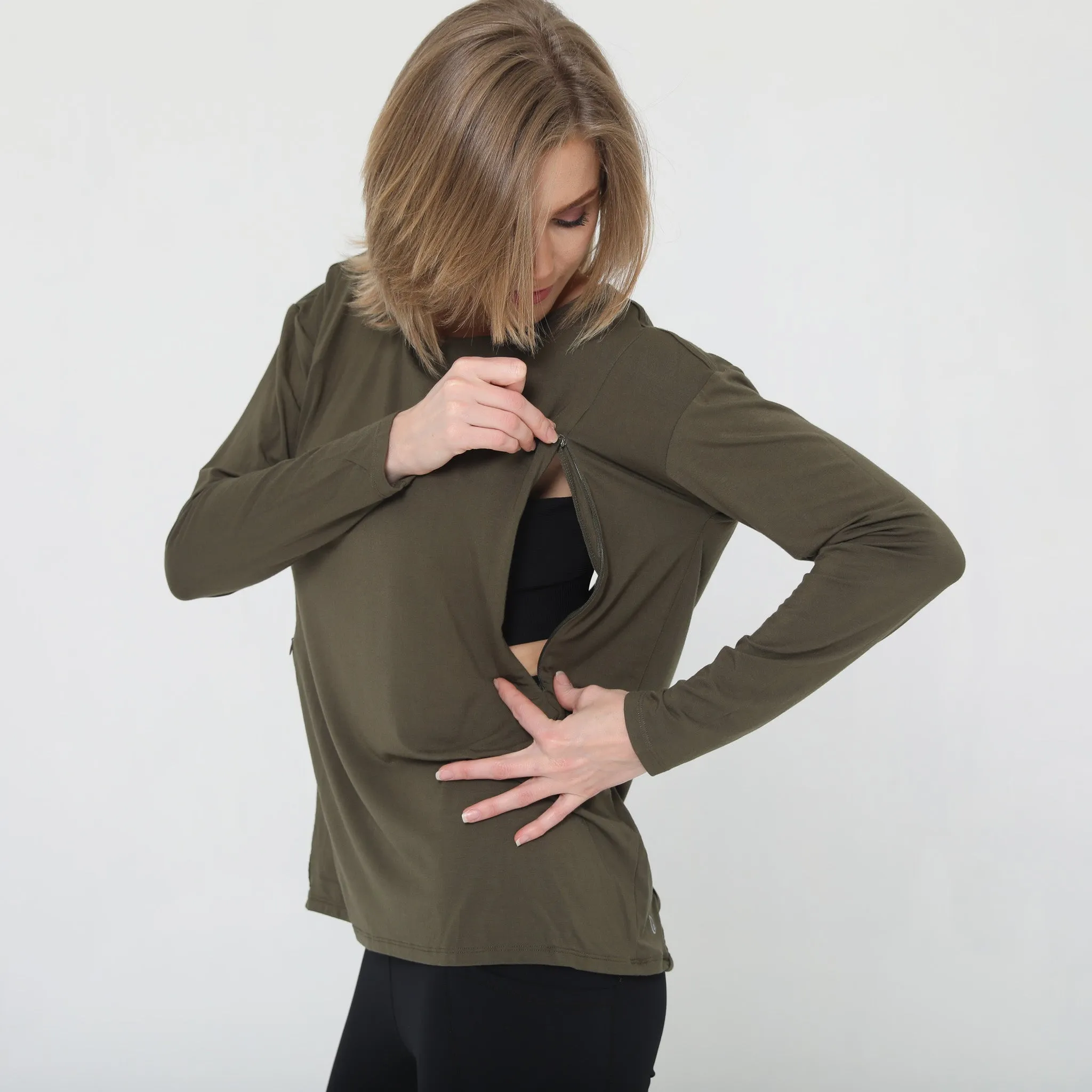 Hazel Open Back Long Sleeve Nursing Top (Cactus)