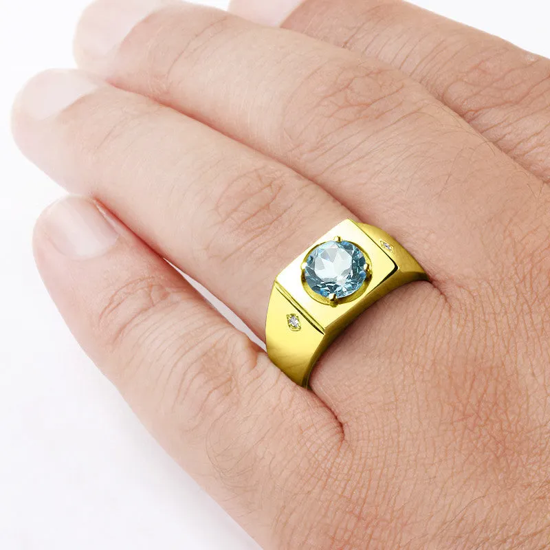 Men's Ring in 10k Yellow Gold with Blue Topaz and Genuine Diamonds