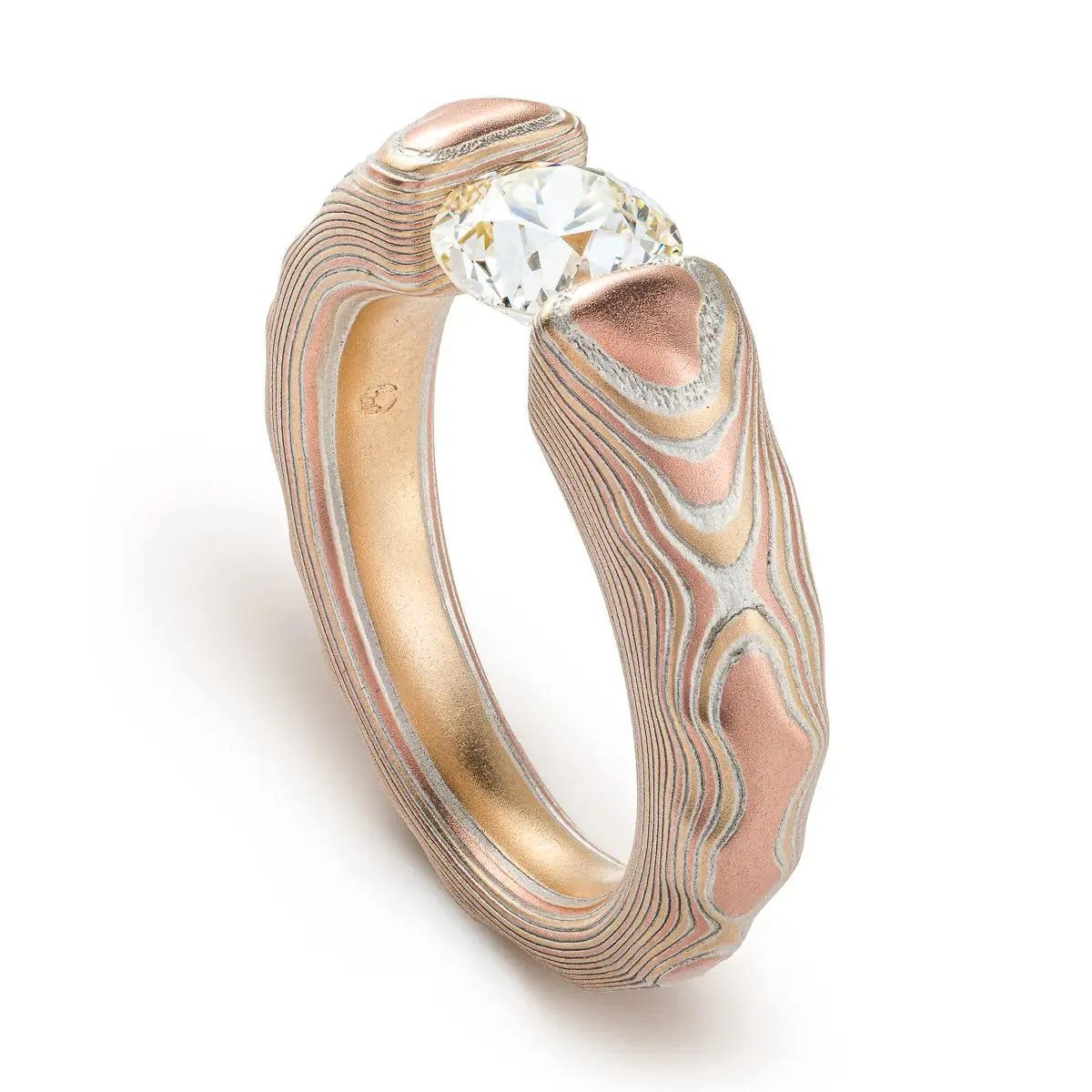 Mokume Gane Tension Set Diamond Engagement Ring