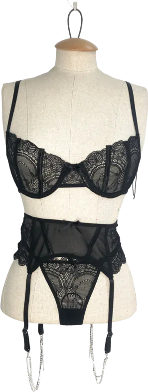 Nasty Gal Black Lace Panelled Underwire Diamante Trim 3pc Lingerie Set UK S