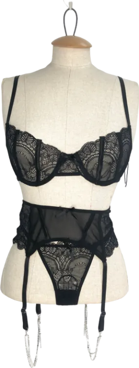 Nasty Gal Black Lace Panelled Underwire Diamante Trim 3pc Lingerie Set UK S