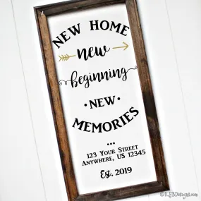 NEW HOME NEW BEGINNING Framed Canvas Sign - Custom Canvas Sign - Personalized Family Sign