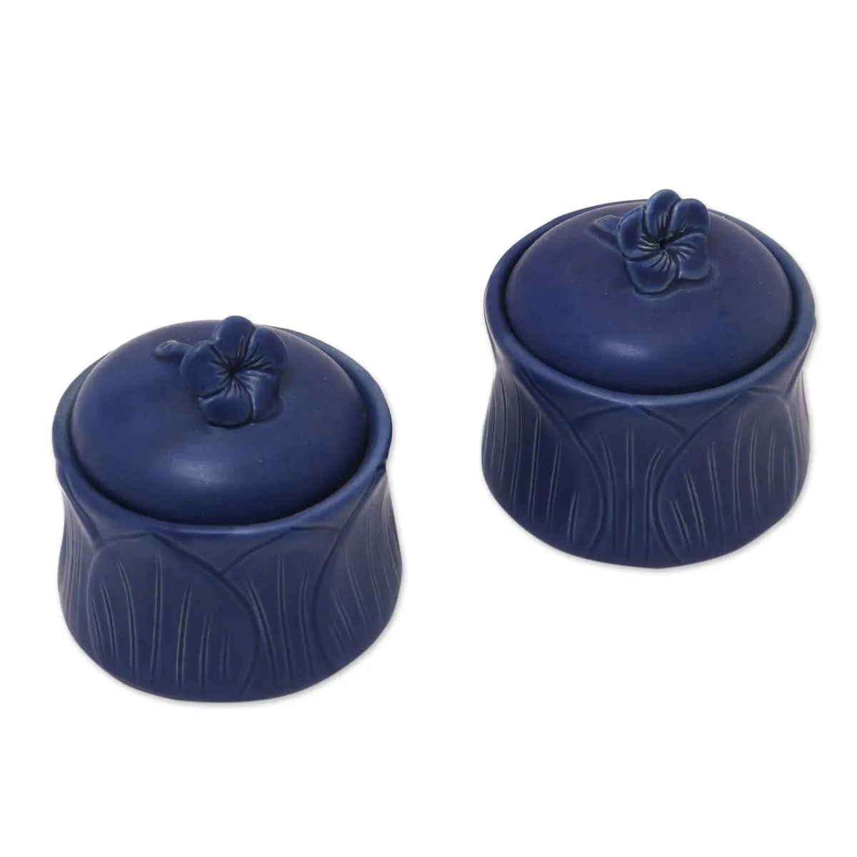 Novica Blue Frangipani Ceramic Condiment Jars (Pair)