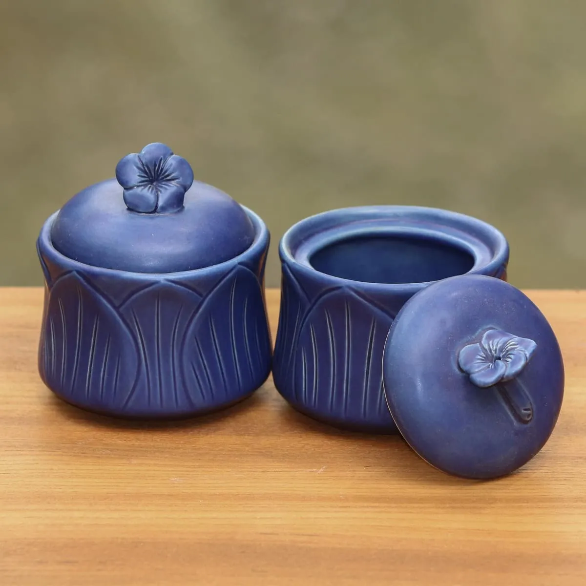 Novica Blue Frangipani Ceramic Condiment Jars (Pair)