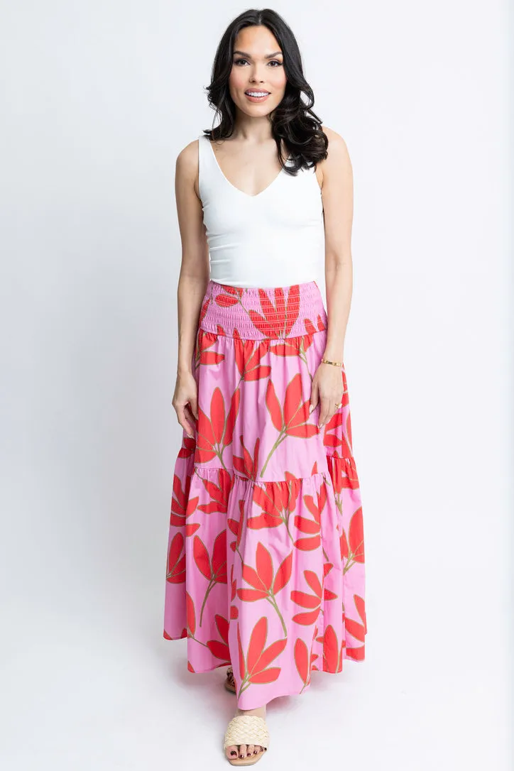 Poplin Palm Floral Smock Waist Skirt