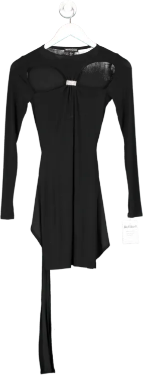 PrettyLittleThing Black Slinky Cut Out Diamante Tie Detail Long Sleeve Bodycon Dress UK 4