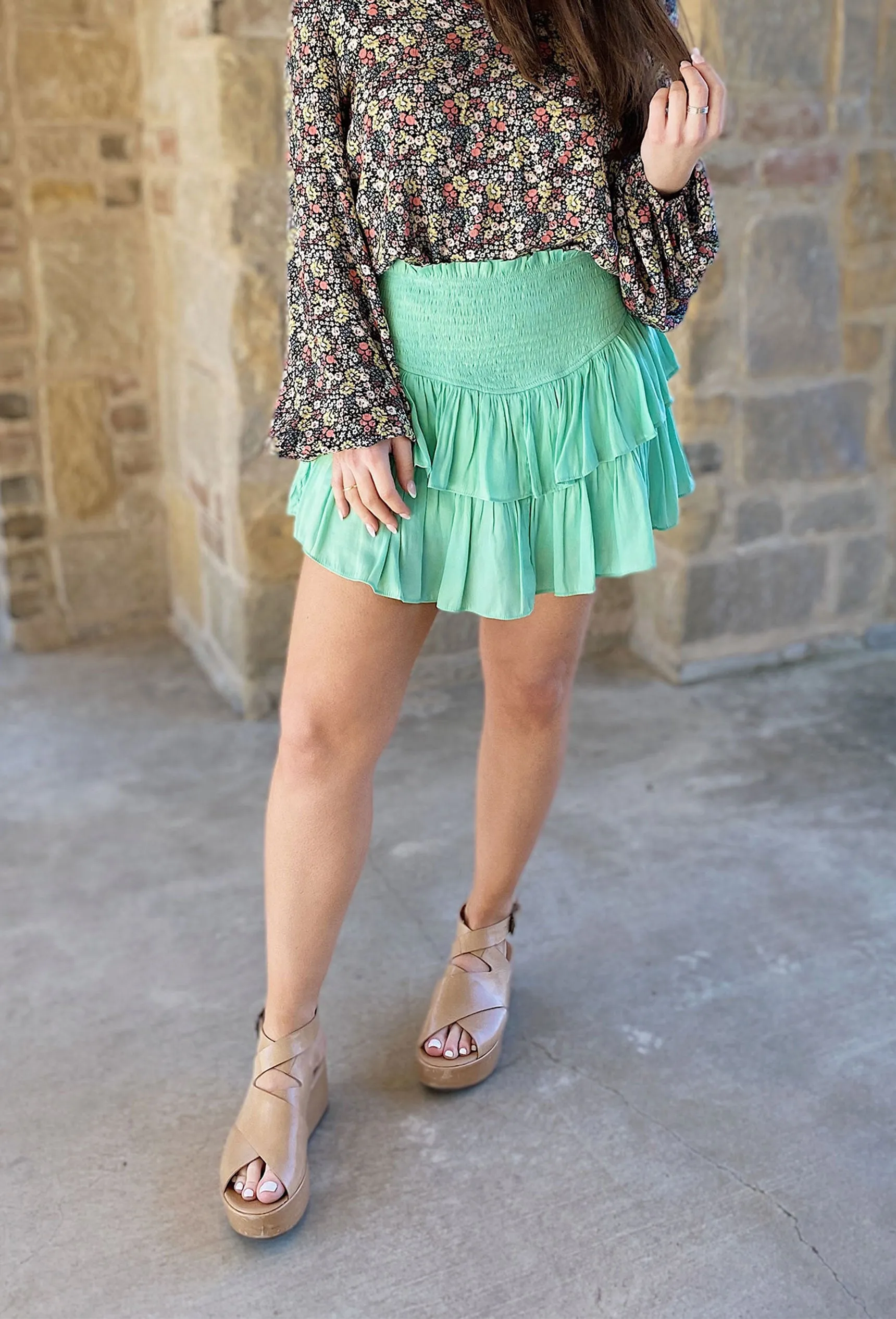 Shanna Smocked Ruffle Skort in Mint