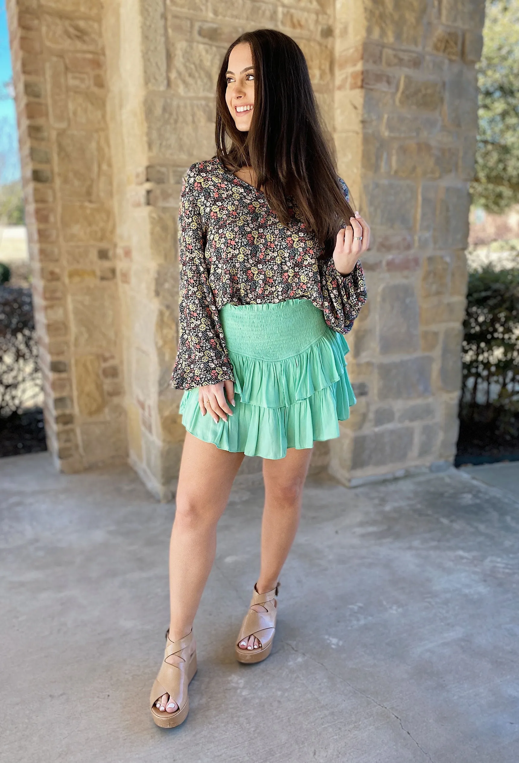 Shanna Smocked Ruffle Skort in Mint