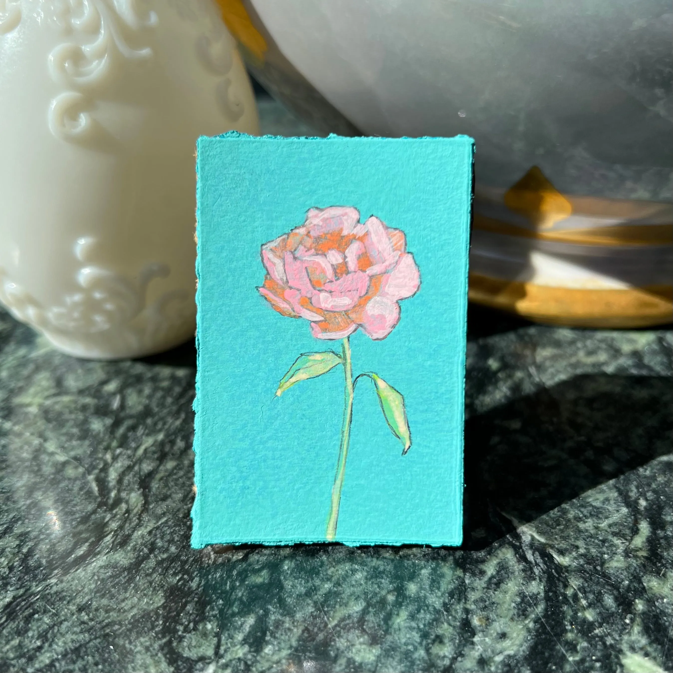 Sunset Pink Peony on Aqua Blue