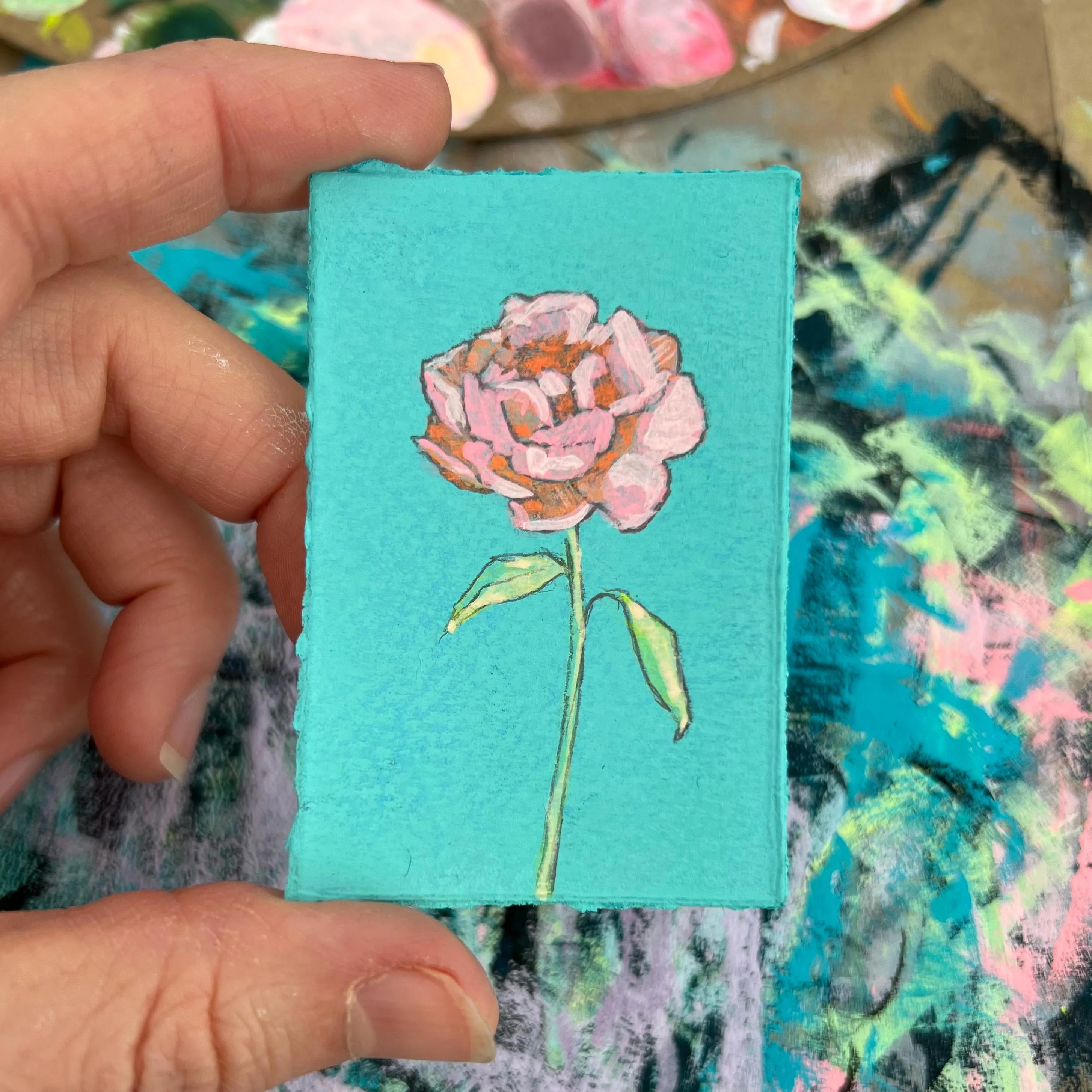 Sunset Pink Peony on Aqua Blue