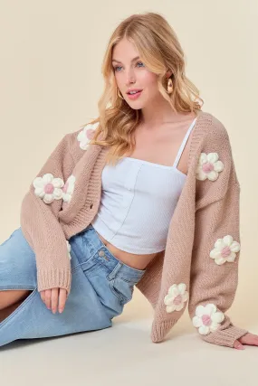 Taupe Floral Knit Button Front Cardigan