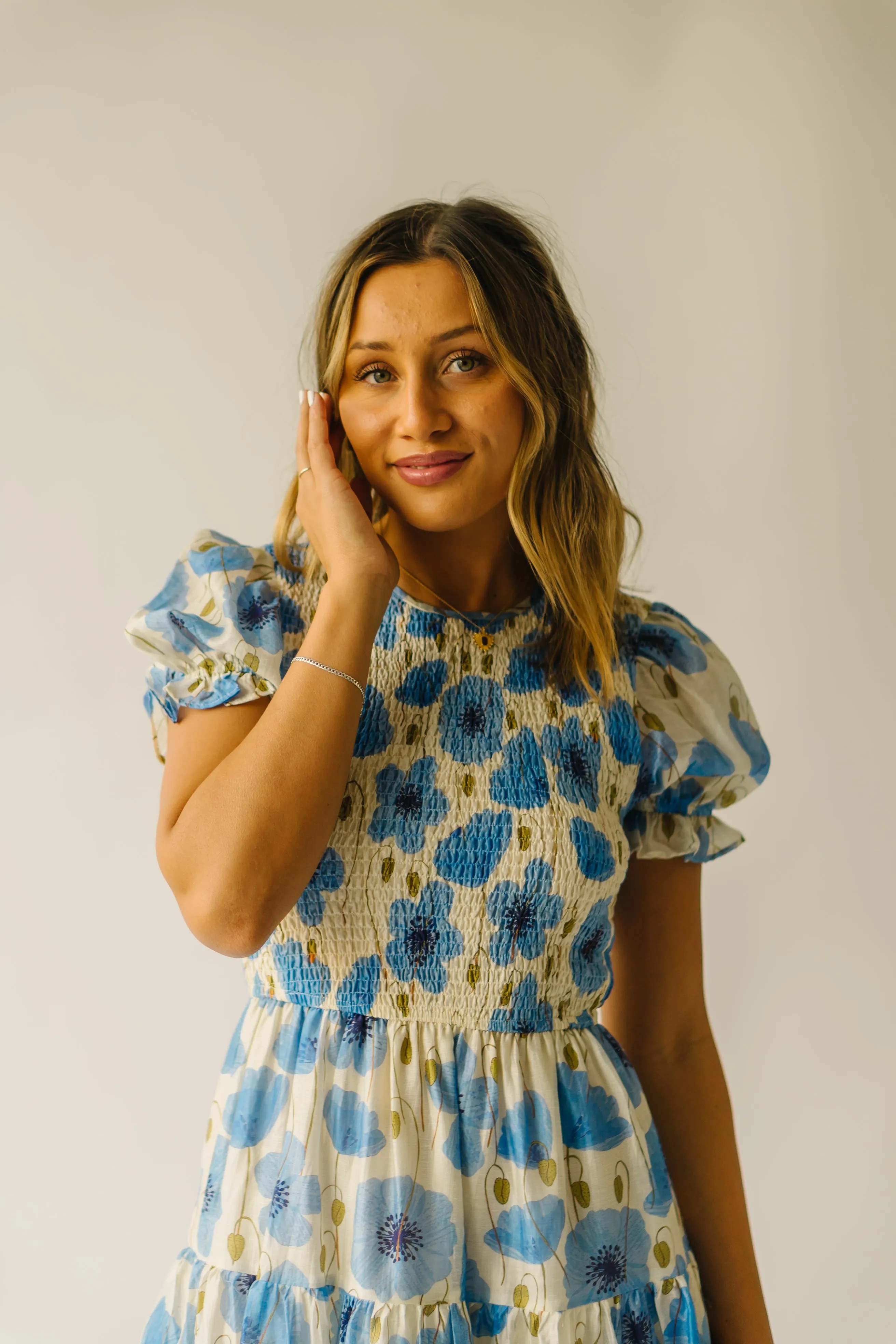 The Livia Floral Midi Dress in Cream   Blue Multi