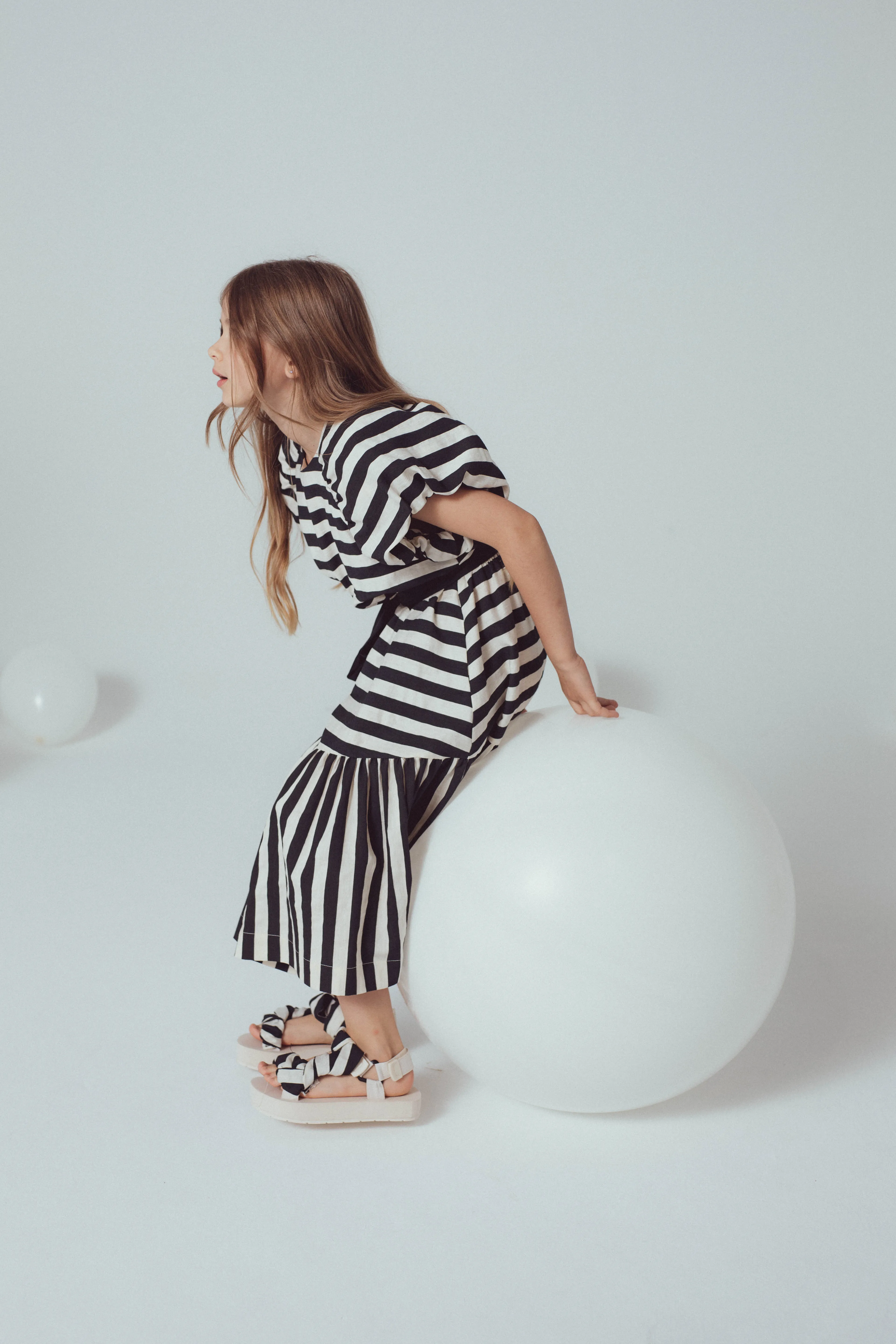 UNLABEL SS24 Zoey Puffy Sleeve Dress in Milk and Black Stripe