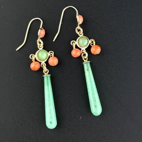 Vintage 9K Gold Adventurite Coral Long Drop Earrings