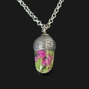 Vintage Carved Silver Green Pink Marble Acorn Pendant Necklace